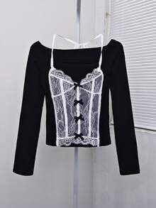 女士露肩蕾丝吊带蝴蝶结优雅长袖修身束带上衣 - 黑色 - 查看 7