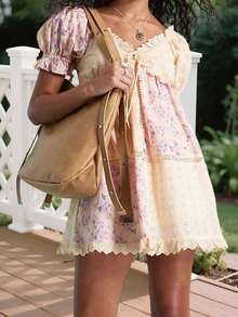 Women's Floral Print Maternity Dress Bow Tie Front Ruffled Trim V Neck Short Sleeve A-Line Mini Dress For Spring/Summer - 紫色 - 查看 7