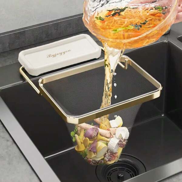 Foldable Kitchen Sink Strainer Corner Basket With 100 Disposable Mesh Bags – Food Catcher & Garbage Disposal Filter (White)