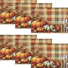1 pieza/4 piezas/6 piezas Manteles individuales de lino con estampado de calabaza, decoración de Acción de Gracias, adecuados para mesa de comedor, todo el año, manteles de mesa modernos lavables, decoración del hogar, manteles individuales, posavasos, alfombrillas de cocina y comedor, decoraciones de fiesta interior y exterior, regalo ideal