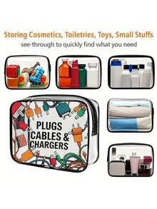 新品上市！多功能充电器旅行收纳包 - 透明洗漱包，旅行必备，便携式拉链旅行化妆包，沙滩透明PVC洗漱包，防水收纳袋，透明整理包，线缆USB收纳包，机场安检PVC化妆包，可收纳充电器、数据线和移动电源 - 彩色 - 查看 3