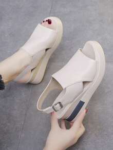 Sandalias de cuña de suela gruesa para mujer, color liso, sencillas y elegantes. - Blanco - Ver 1