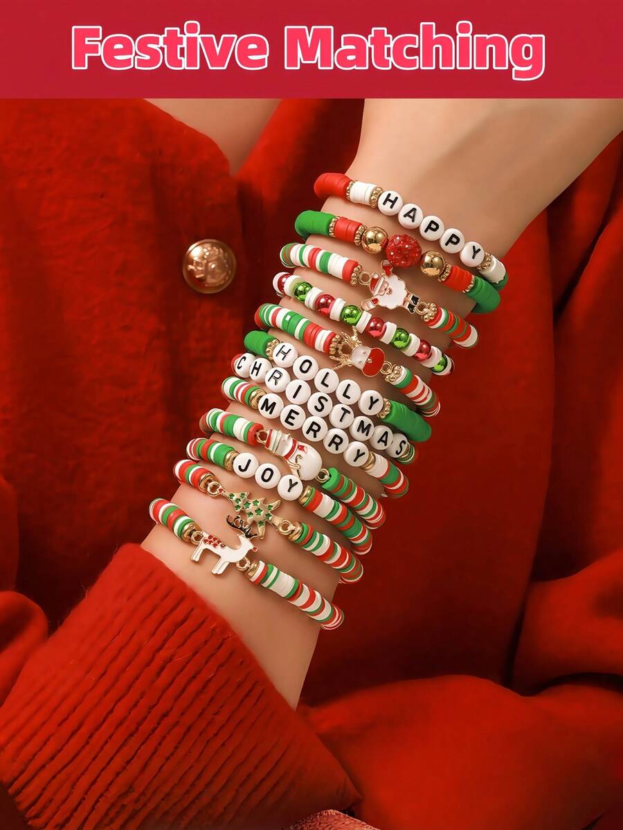 6 款圣诞手链套装 - 绿色圣诞麋鹿和红色圣诞糖果可叠戴手链，适合个人装饰、圣诞礼物、儿童礼物、生日礼物、友谊手链、节日派对礼物，充满欢乐的圣诞风格，适合女性和青少年，3 岁至成人，非常漂亮的装饰，完美的圣诞礼物 - 彩色 - 查看 1