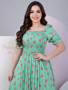 Pleated Midi Dress, Short Puff Sleeves, High Waist, Printed Crepe, Evangelical Fashion - 青檸色 - 查看 3