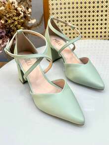 NEW! Pumps With Block Heel, Cross Straps, Pointed Toe, Elegant, Comfortable, Napa - Màu xanh Bạc hà - Xem 2