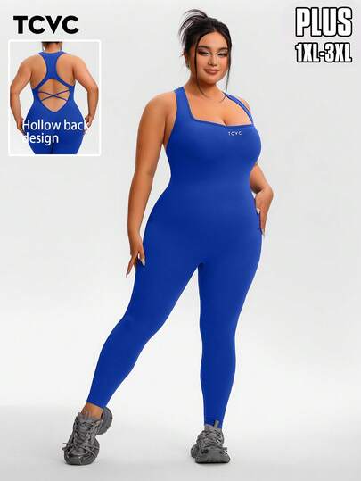 TCVC 加大码女式无袖交叉后背瑜伽连体衣，无缝针织，百搭休闲紧身塑身衣，适合瑜伽、户外运动，四季皆宜