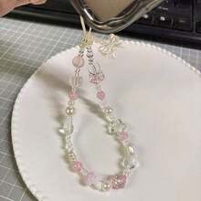 1pc Acrylic Flower & Bow Crystal Beaded Phone Lanyard/Strap, Wrist Strap, Suitable For Camera, Keys, Bags, Anti-Drop Phone Lanyard - Hồng - Xem 5