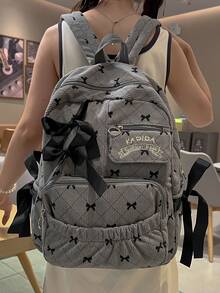 Fashionable Bow Print Large Capacity Backpack, Cute Bow Backpack , Bow , Kawaii - Grey - View 3