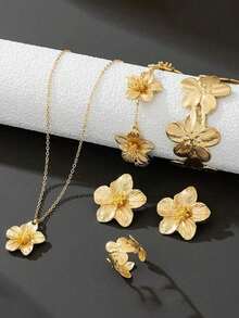 6pcs Vintage Gold Plated Carved 5-Petal Flower Pendant Necklace Bracelet Ring Earrings Jewelry Set For Women [Random Tassel - 金子 - 查看 2