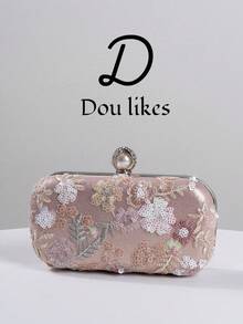 Elegant Sequin Embroidered Pink Evening Clutch Bag High-End Engagement Party Handbag For Cheongsam Dress With Metal Chain Graceful Lady Banquet Bag Suitable For Party Wedding Prom Formal Dinner/Banquet Perfect Match For Women's Graduation Prom Dress Prom Accessories Sequin Dress Shiny Dress Graceful Dress. Flowers