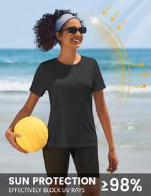KEFITEVD Women's Short Sleeve T-Shirts UPF 50+ Sun Protection Quick Dry Athletic Running Workout Rash Guard Tops - Negro - Ver 4
