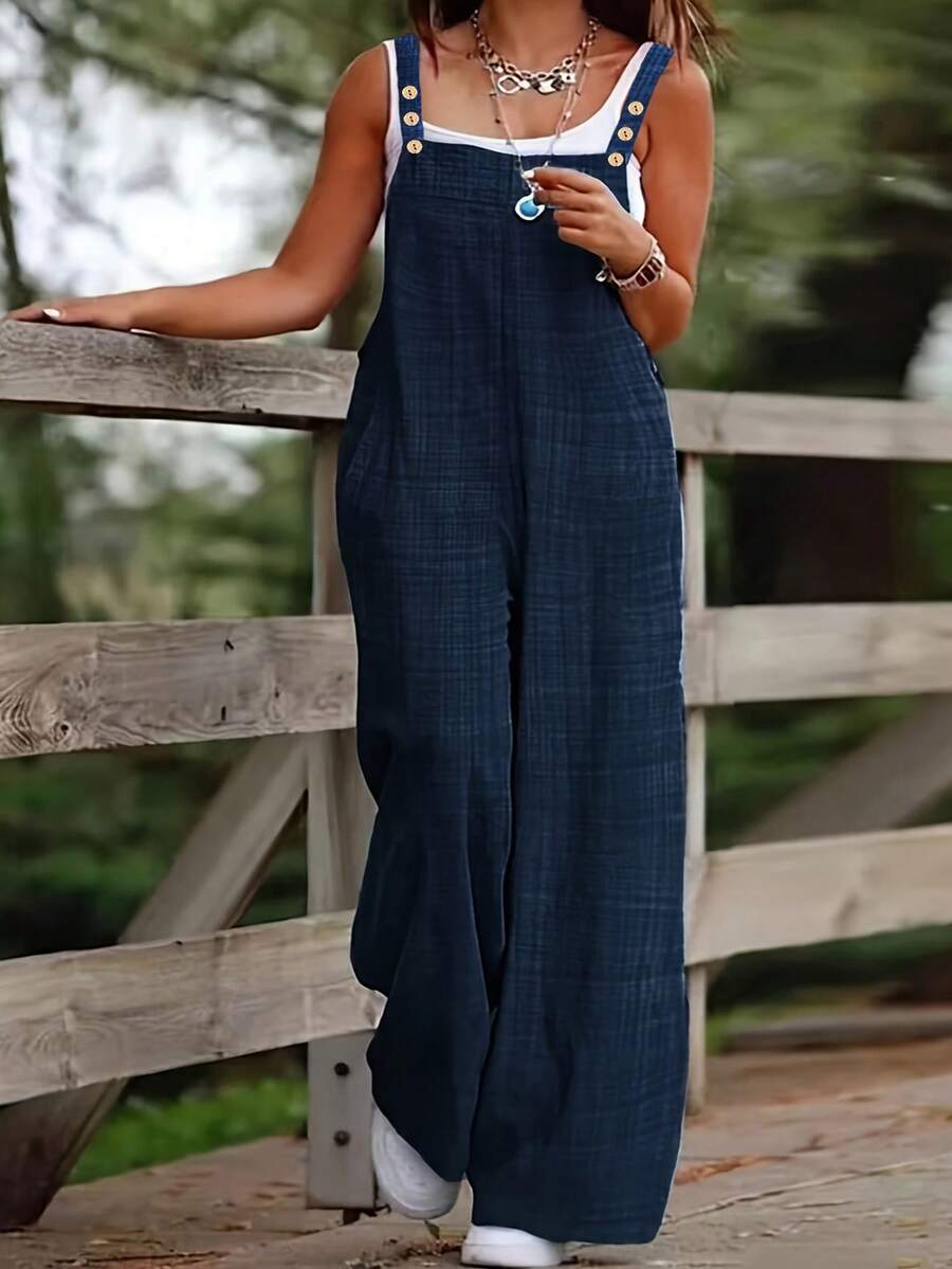 1 件女式纯色编织面料纽扣口袋连体裤，适合节日、日常、生日派对、返校派对、单身派对、旅行、所有季节