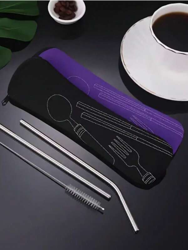 1pc Printed Outdoor Portable Cutlery Storage Bag, Zipper Closure Utensil Organizer Pouch, Suitable For Camping, Picnic, Party Cutlery Carrying