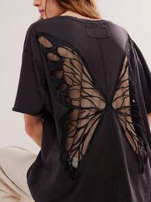 Butterfly See Through T Shirts For Women Oversized Short Sleeve Round Neck Back Sheer Mesh Tee Shirt Top Summer Party Club Going Out Tops Halloween Holiday Clothes Y2K Streetwear - 黑色 - 查看 3