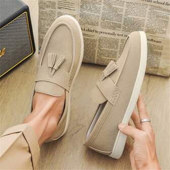 Men's Spring/Summer New Slip-On Casual Loafers - Beige, Faux Leather, Round Toe, Comfortable & Fashionable, Suitable For Daily Wear, Streetwear And Outdoor Activities