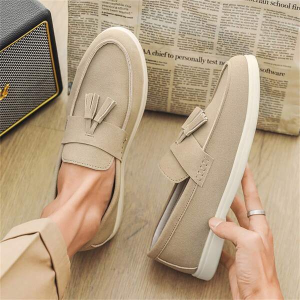 Men's Spring/Summer New Slip-On Casual Loafers - Beige, Faux Leather, Round Toe, Comfortable & Fashionable, Suitable For Daily Wear, Streetwear And Outdoor Activities