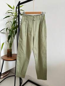 ISADORA MODA Women's Carrot Twill Pants, 2 Buttons, With Pockets, Solid Color() - 薄荷綠 - 查看 1