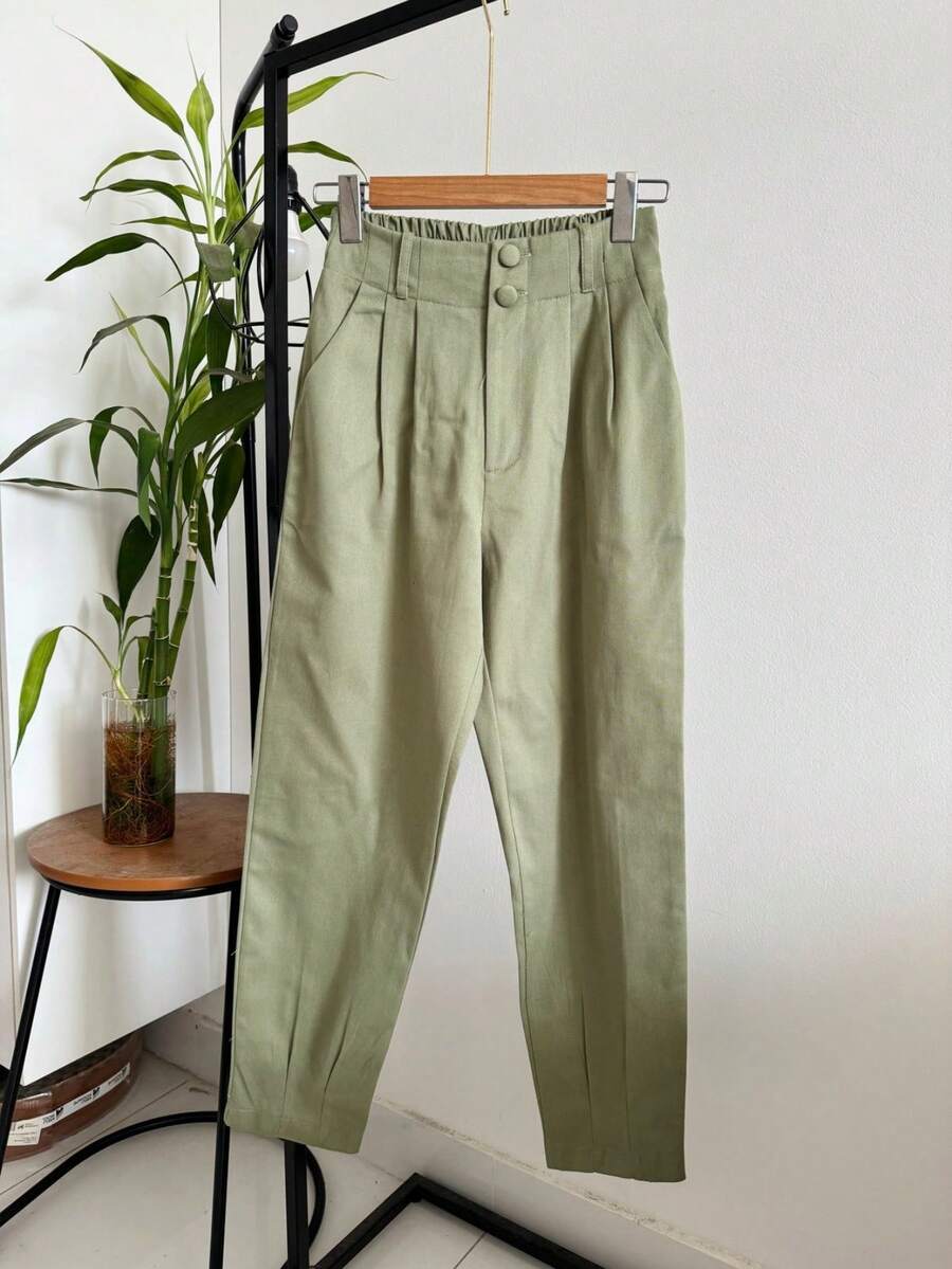 ISADORA MODA Women's Carrot Twill Pants, 2 Buttons, With Pockets, Solid Color() - 薄荷綠 - 查看 1