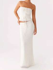 Women Summer Outfits Solid Colors Crop Drawstring Bandeau And Elastic Long Skirt Set For Streetwear Aesthetic Clothes - White - View 3