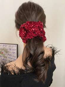 1pc Large Black Hair Scrunchie With Vintage Red Sequins, Hair Tie And Hair Accessories For High-End Feel Scrunchies Scrunchy Hair Ties Ponytail Head Accessories Elastic Band Hair Rubber Bands - 1 Item - View 2