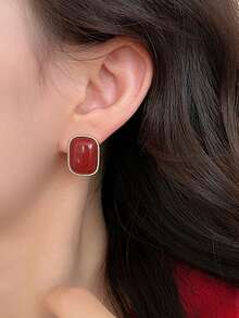 1 套简约花卉仿珍珠红色滴油几何方形奢华优雅设计耳环套装，适合女性日常和节日佩戴 - 套裝M款 - 查看 5