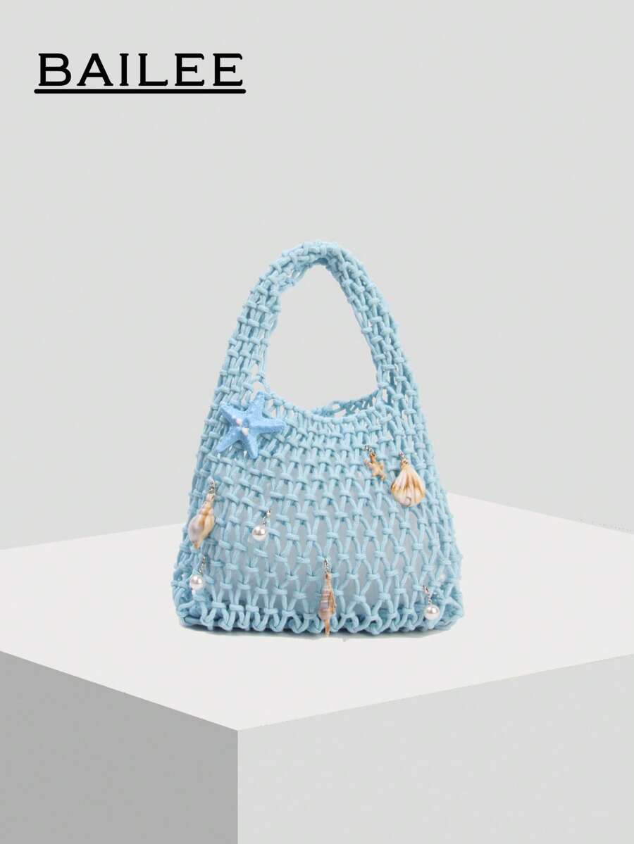 BAILEE Fashionable Colorful Polyester Yarn Hand-Woven Pattern Handbag With Ocean Charm, Suitable For Vacation