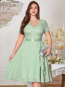 优雅 V 领亮片蕾丝撞色雪纺荷叶边鸡尾酒会摆裙 - 薄荷綠 - 查看 4