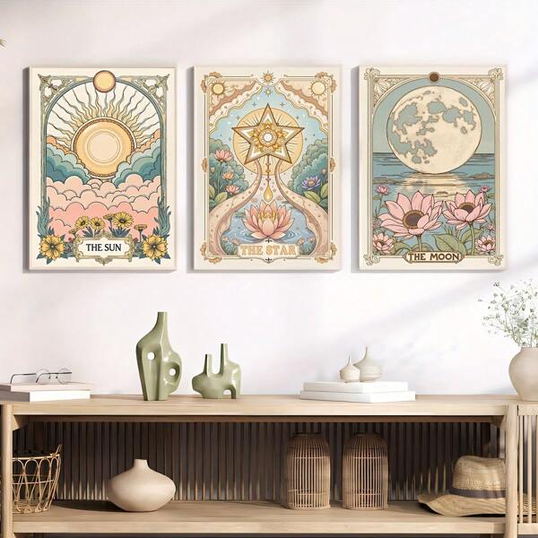 3pcs Bohemian Vintage Tarot Card Posters - Sun, Moon & Stars Floral Art Prints, Frameless Canvas Wall Decor For Living Room, Bedroom, Kitchen, Bathroom & Hallway, Waterproof & Reusable, Bohemian Home Decor,Fall Room Decor,Wall Art Poster Frameless,Party Supplies,Painting,Pictures