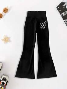 少女心印花喇叭裤，黑色百搭紧身打底裤，儿童瑜伽裤，优雅高弹阔腿裤 - 黑色 - 查看 3