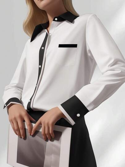 HOMEYEE Women's Fashion Patchwork Front Button Contrast Color Pocket Business Shirt
