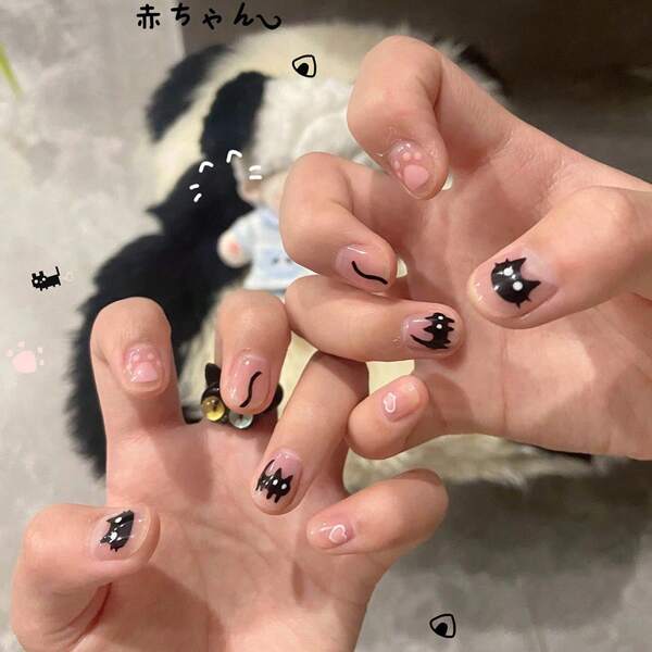 Halloween Cat & Dog Nail Stickers – Black & White Cute Animal Water Transfer Nail Decals For Women. Gothic Cartoon Kitty & Puppy Designs For Fall Manicure Decoration.