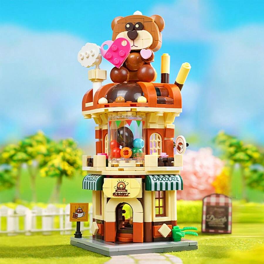 Miniso 1pc Chocolate Dream Factory Building Blocks, Detailed Brick Components, Realistic Chocolate Factory Scene Reproduction, Adorable Bear Topper, Educational Toy, Elegant Decor - Multicolor - View 1