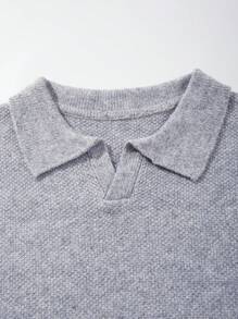 男士休闲宽松通勤简约纯色百搭Polo领V领修身轻薄长袖套头毛衣，秋冬款 - 灰色 - 查看 6