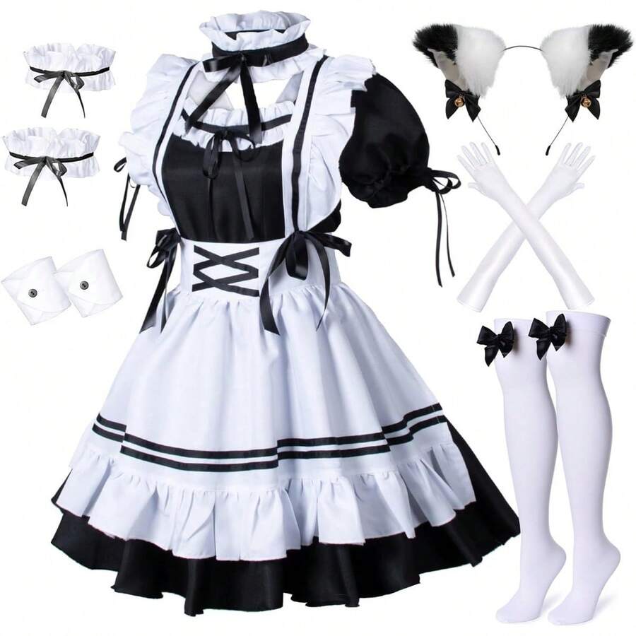 French Maid Apron Fancy Dress Cosplay Costume Gloves Socks Set - 黑白 - 查看 1