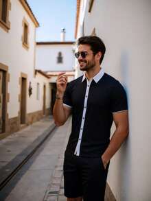 Summer Fashion Men Sets Waffle Splicing Color Outfits Short Sleeve Shirt And Shorts  Two Pieces Sets Men Casual Loose Suit