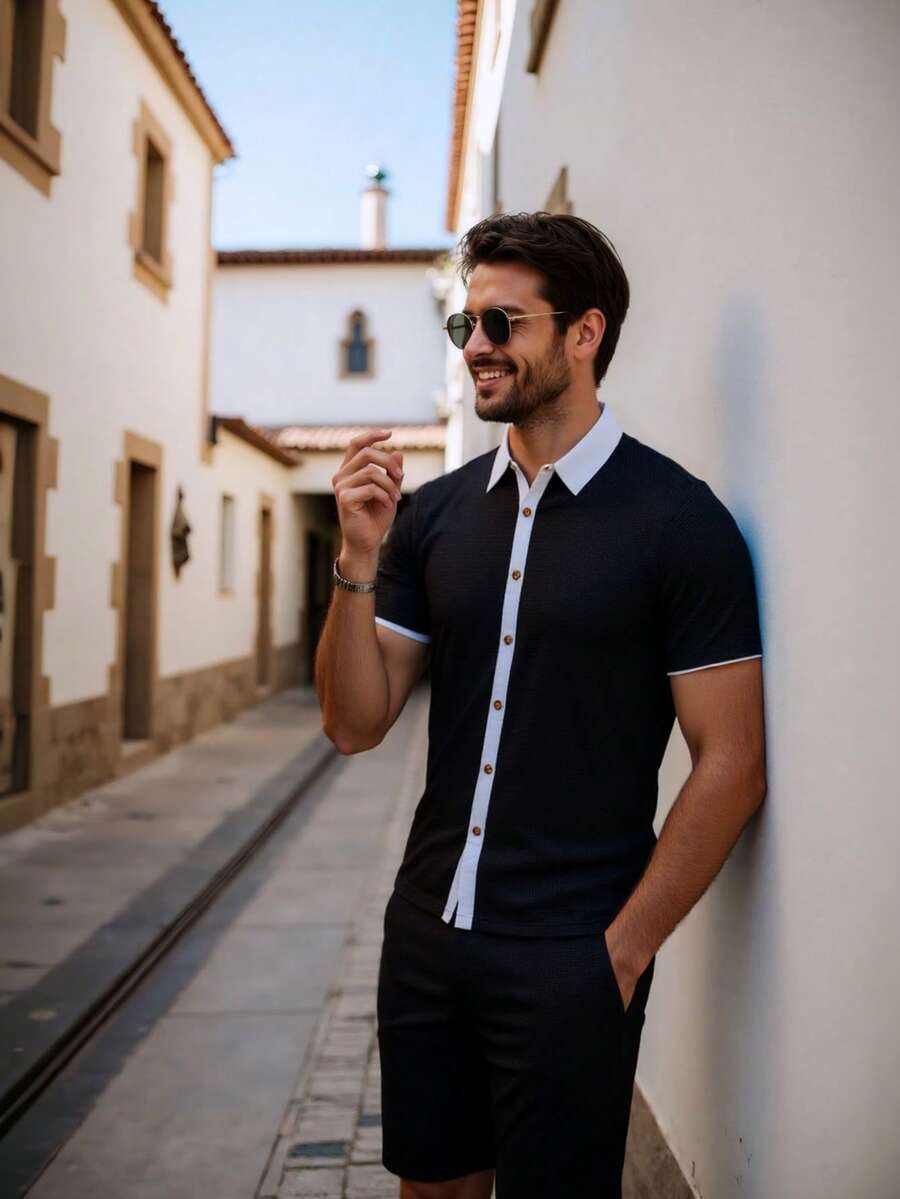 Summer Fashion Men Sets Waffle Splicing Color Outfits Short Sleeve Shirt And Shorts  Two Pieces Sets Men Casual Loose Suit