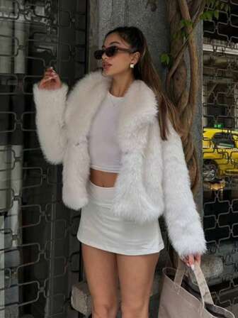 HH 女式仿皮草夹克优雅纯色翻领长袖外套休闲宽松女式冬季超大码淑女时尚街头风夹克