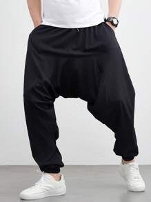 1pc Men's Black Loose Harem Pants, Suitable For Summer Beach, Elastic Waist With Drawstring, Casual Low Crotch, Yoga Pants - Black - View 3