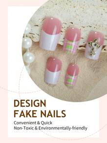 24pcs French Tip Press On Nails Medium Square Press On Nails 3D Golden Cross Metal Accessories With Colored Checkered Lines Decoration Chic Style Surface Glossy Design Full Cover Fake Nails For Women And Girls Daily Wear