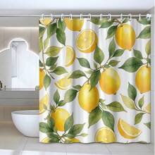 1 pièce Rideau de douche avec citrons jaunes et feuilles vertes - Citrons et tranches réalistes avec des feuilles détaillées sur fond blanc, design rafraîchissant et vibrant, 180 x 180 cm avec 12 crochets. Décoration de salle de bain, décoration d'automne, accessoires de salle de bain, rentrée des classes