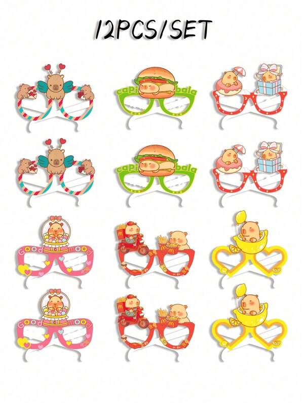 12 pièces/set Lunettes de fête en papier thème mignon de capybara (3 styles au choix), en papier à thème de dessin animé pour se déguiser, fête de cosplay, faveurs de fête, cadeaux de fête