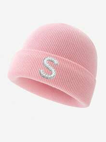 1pc Women's Fashion 26 Faux Pearl Letter Decor Elastic Warm Knit Hat, Outdoor Cold-Proof Cap, Suitable For Autumn/Winter Daily Wear, Matching, Great Gift Autumn Accessories - Pink - View 31