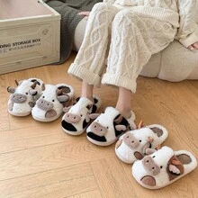 Dép đi trong nhà hình động vật ấm áp dành cho nữ - Dép đi trong nhà hình con bò dễ thương bằng vải cotton ấm áp, Giày đi trong nhà theo chủ đề động vật, Dép đi trong nhà ấm áp mùa đông đế dày mềm mại, dùng trong nhà và ngoài trời - màu đen - Xem 5