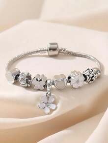 1 件优雅粉色五瓣花吊坠铜手链，配闪亮树脂珠 - 女士手工珠宝，精致镂空设计，可调节链长，完美礼物 - 粉色 - 查看 2