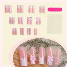 Pink Press On Nails Artificail Long, French Square Nails Pearl, Nails Acrylic Women Reusable Nail Kit Adhesive Tabs Nail File 24pcs - Hồng - Xem 4