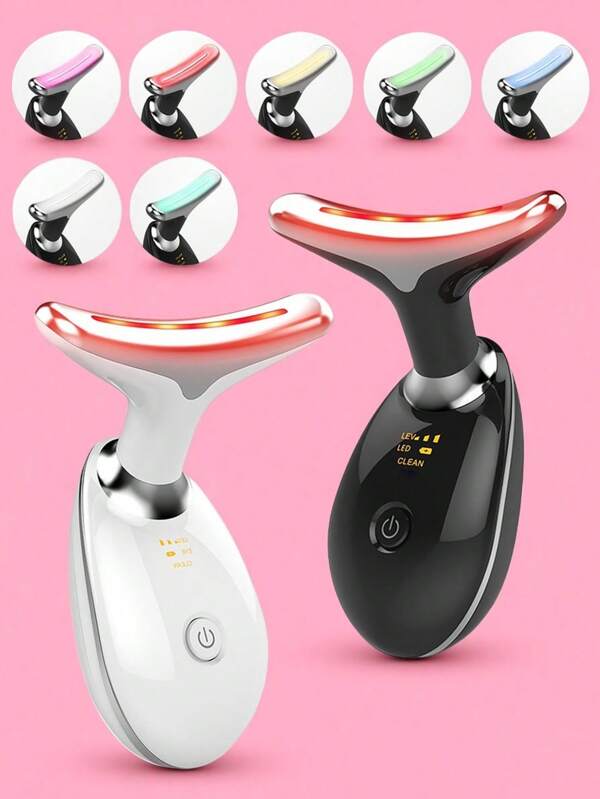 1pc 7-Color LED Light Facial & Neck Massager - Rechargeable Heat Tool For Skin Smoothing And Brightening
