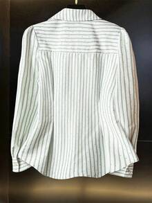 Women's Rhinestone Striped Long Sleeve Fitted Business Casual Blouse, Autumn/Winter - Green and White - View 3