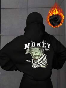 女款秋季开学双连帽骷髅手拿硬币字母图案印花开衫卫衣女士时尚街通用硬币印花双连帽开衫 - 黑色 - 查看 4