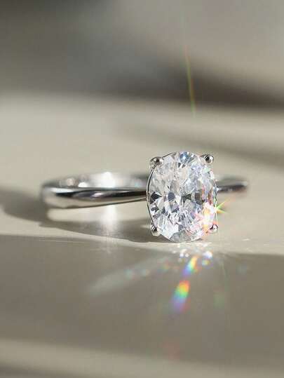 1pc Sophisticated 925 Sterling Silver Eternity Ring With Sparkling Oval-Cut Zirconia, Chic And Modern Piece Featuring A Stunning Oval-Cut Zirconia In High-Quality 925 Sterling Silver, Its Sleek Design And Brilliant Sparkle Make It A Versatile Accessory For Casual Or Formal Events, Adding Elegance To Every Outfit