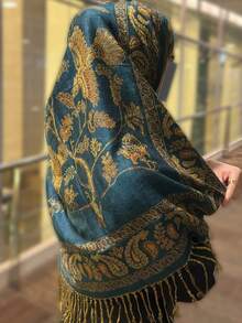 1条女士经典复古优雅波西米亚风时尚花草图案休闲百搭提花围巾，适合搭配连衣裙等服饰。 - 綠色 - 查看 4